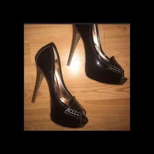 Black patent leather penny loafer peep toe